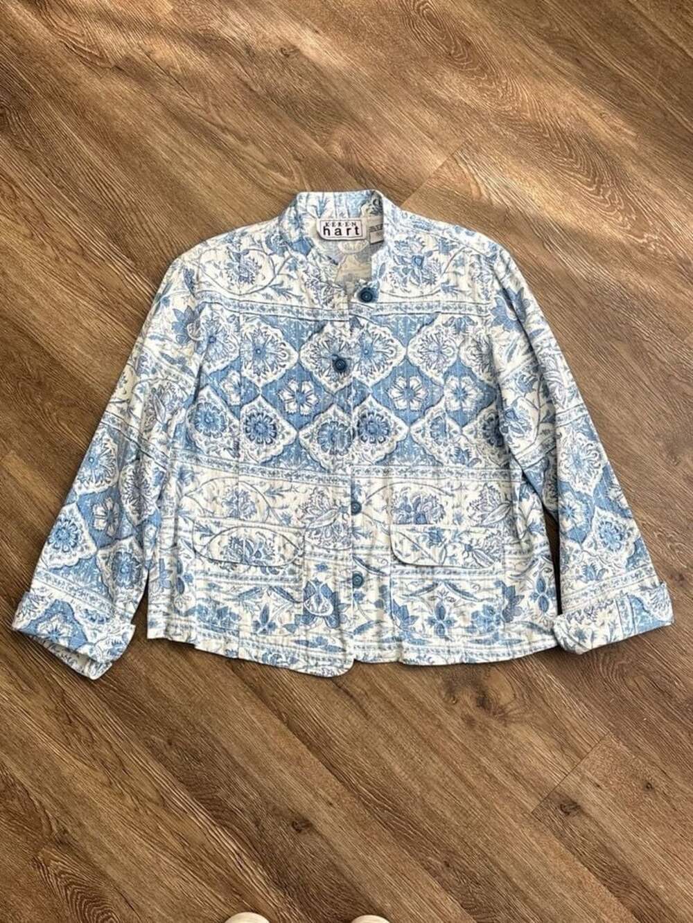 Keren Hart Blue and White Floral Cotton Jacket Size Medium